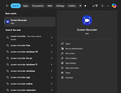 Taskbar search bar highlighting the Screen Recorder app