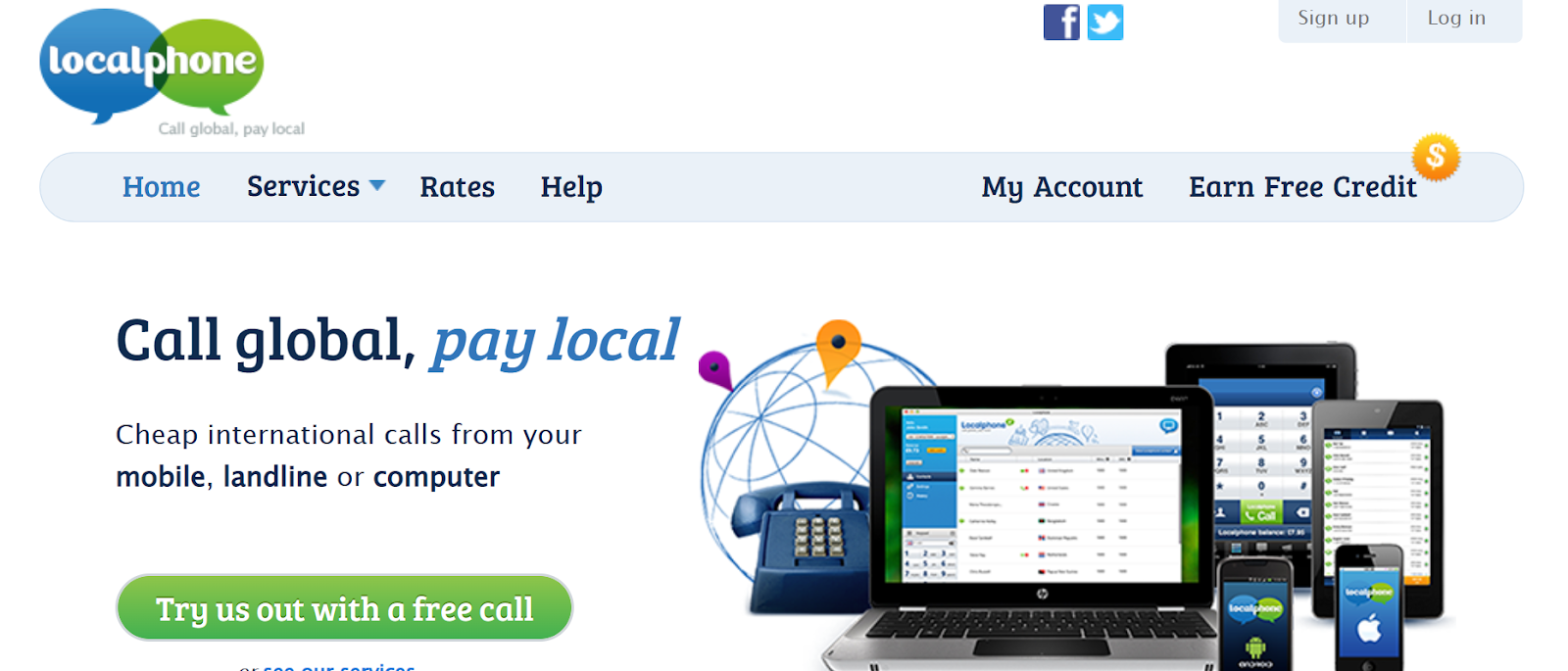 Localphone website snapshot highlighting the services it offers.