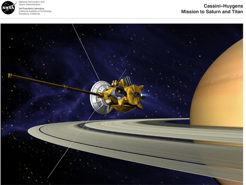 Artist rendition of Cassini and Saturn.