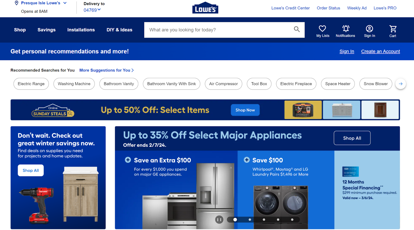 Lowe's website home page