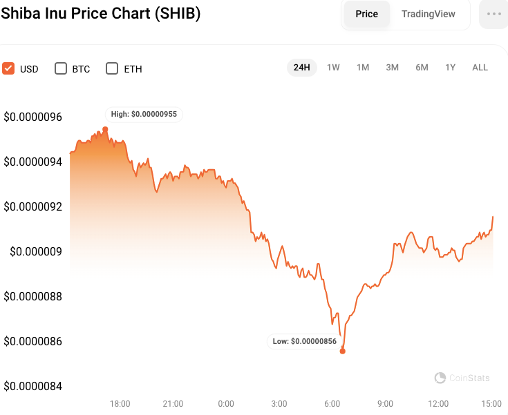 Graphique des prix SHIB / USD sur 24 heures (source: CoinStats)