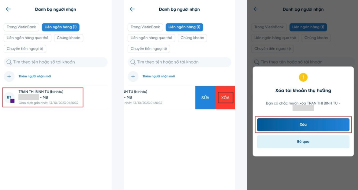 Cách xóa danh sách người thụ hưởng vietinbank