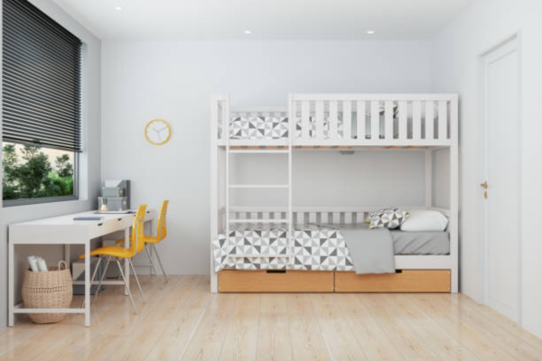 Bund bed frame in a white bed room.