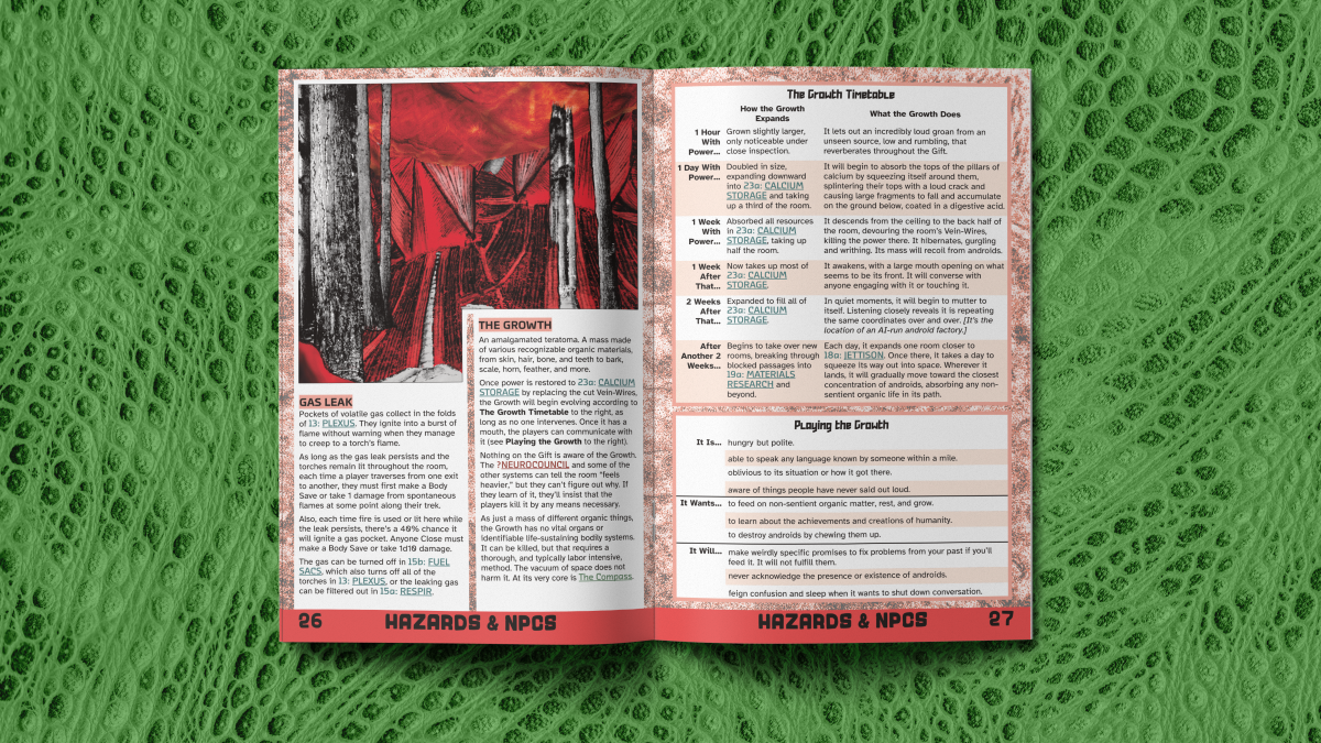 Mockup art of a spread of the book, showing the rules for some of the hazards to be found on the living ship.