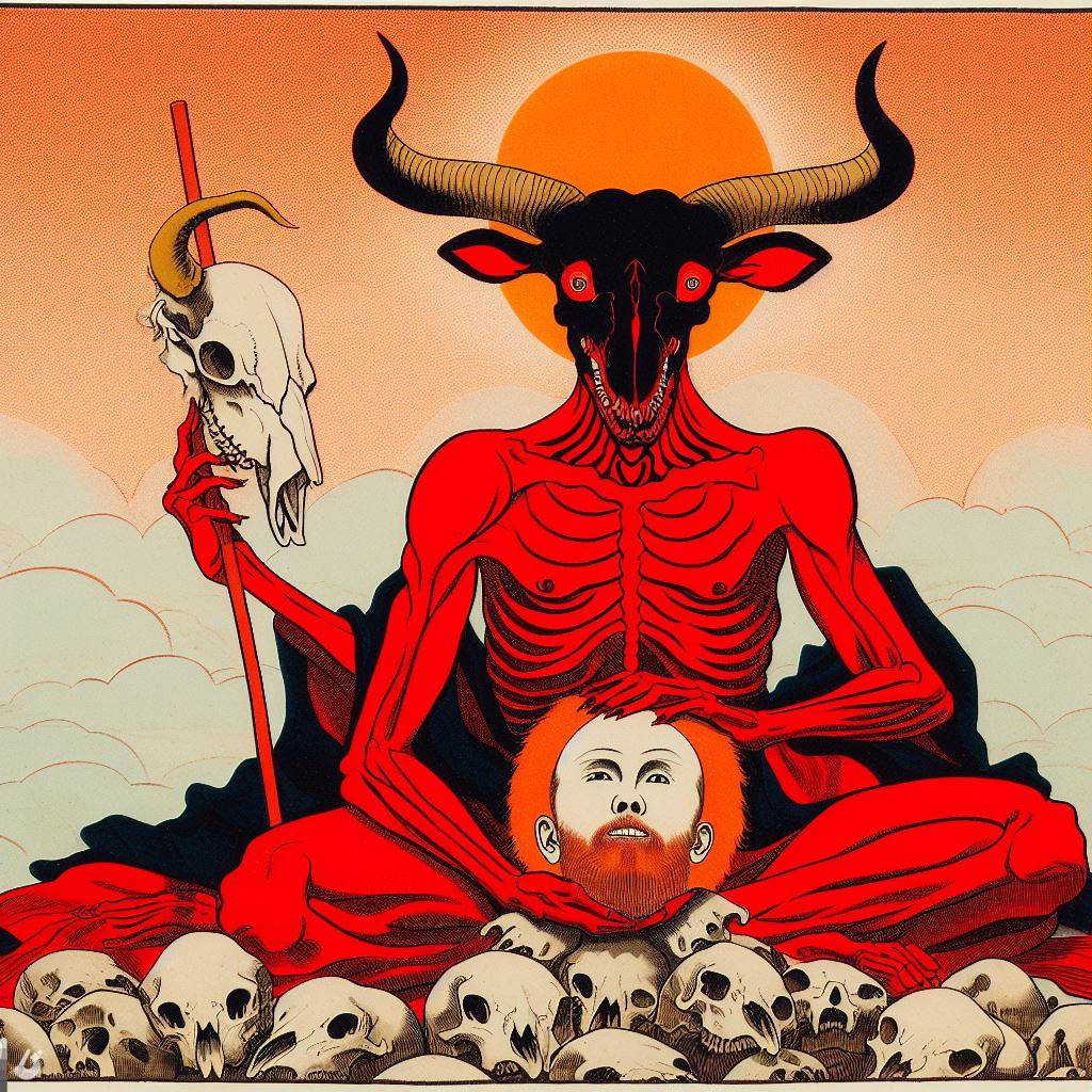 in a traditiona japanese yamato-e art a red, horned skeleton sat over a mound of bovine skull with the head of a orange haired man within his palm