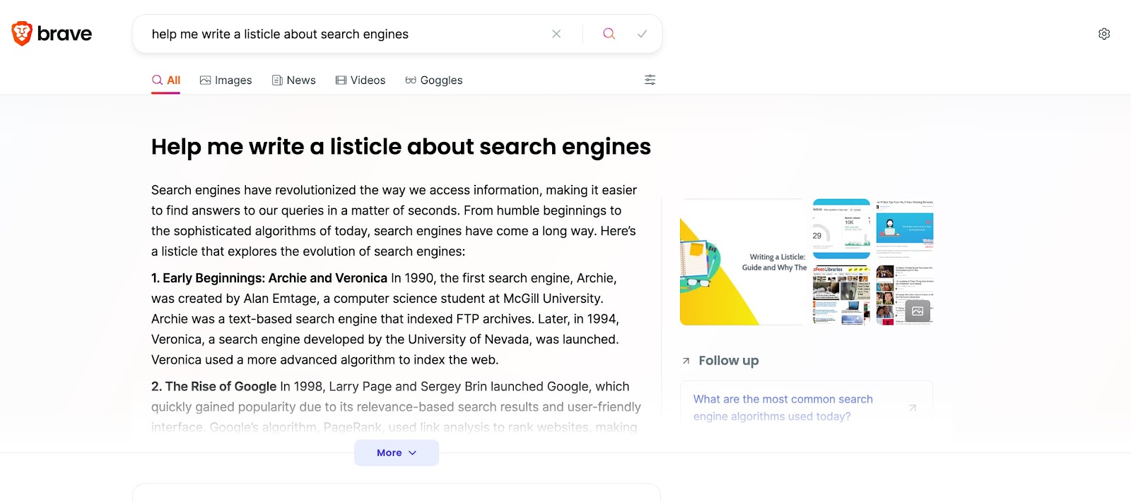 Brave Search results page for “help me write a listicle about search engines.”