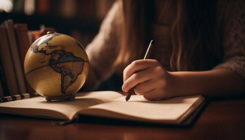 Young student immersed in studies with Sociology books and globe.