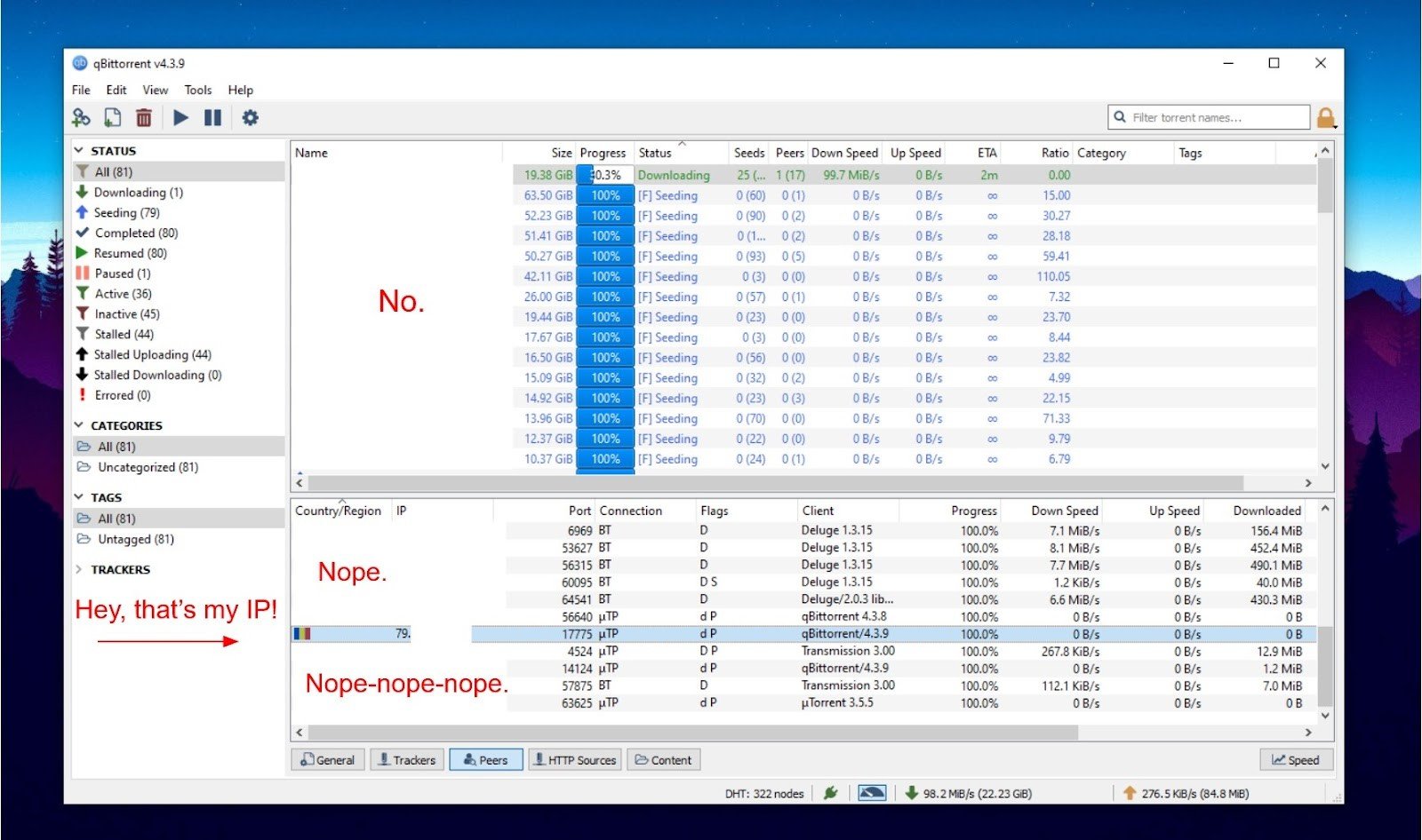Uma captura de tela de um cliente de torrent com o endereço IP do usuário abertamente em exibição.