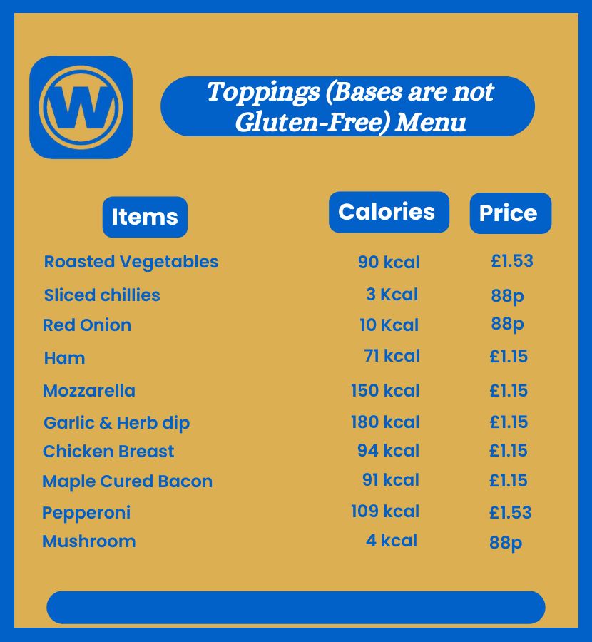 Toppings (Bases are not Gluten-Free) Menu of wetherspoon pizza menu
