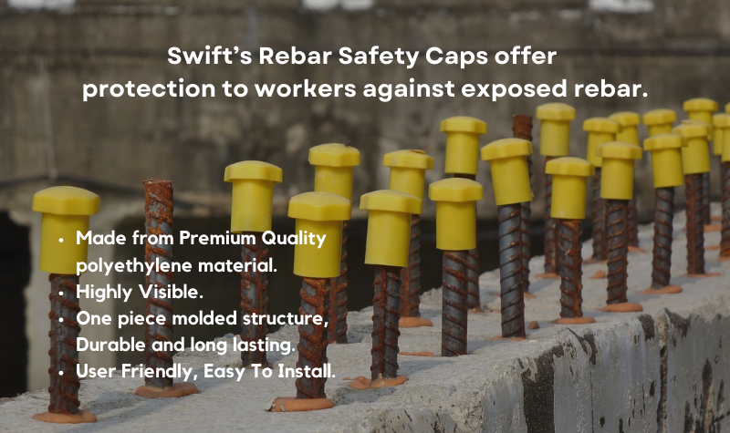 Swift's Rebar Safety Caps protect workers from impaling on rebar at the site.