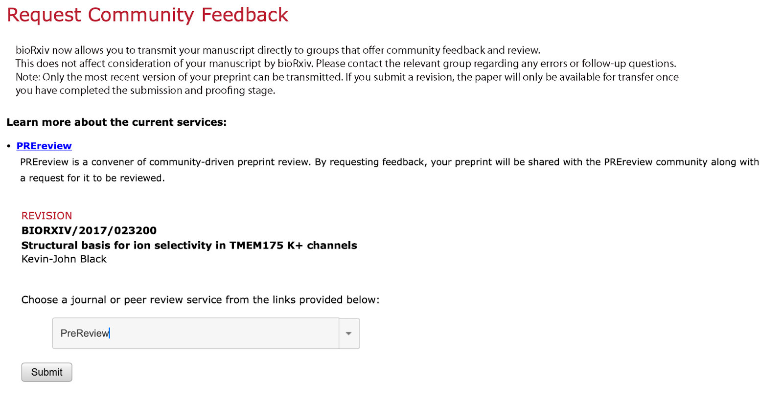 A screenshot of the request-a-review interface on bioRxiv with PREreview selected as the peer review service for a request
