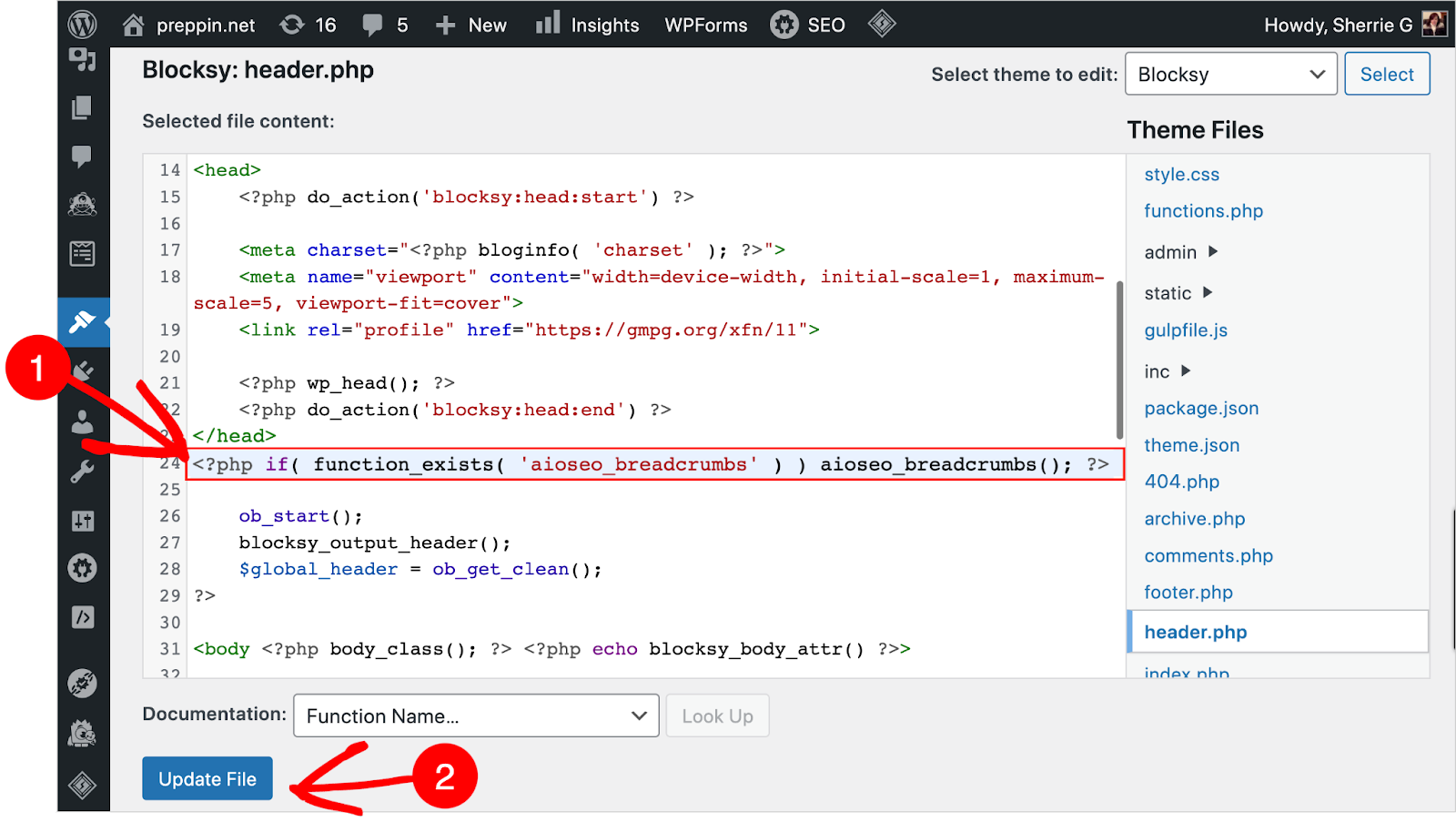 how to edit the header.php file to add breadcrumb navigation