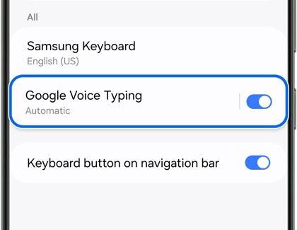 Google Voice Typing highlighted and activated on a Galaxy phone