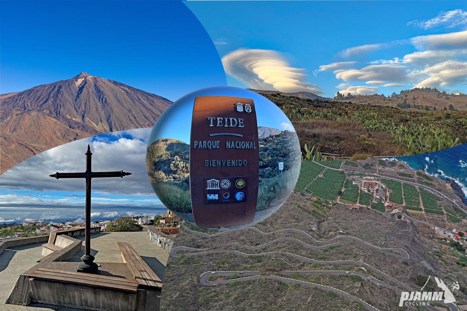 photo collage shows iron cross atop a building, panoramic view showing the road switchbacking up the climb to Mt. Tiede, national park sign for Tiede Parque Nacional