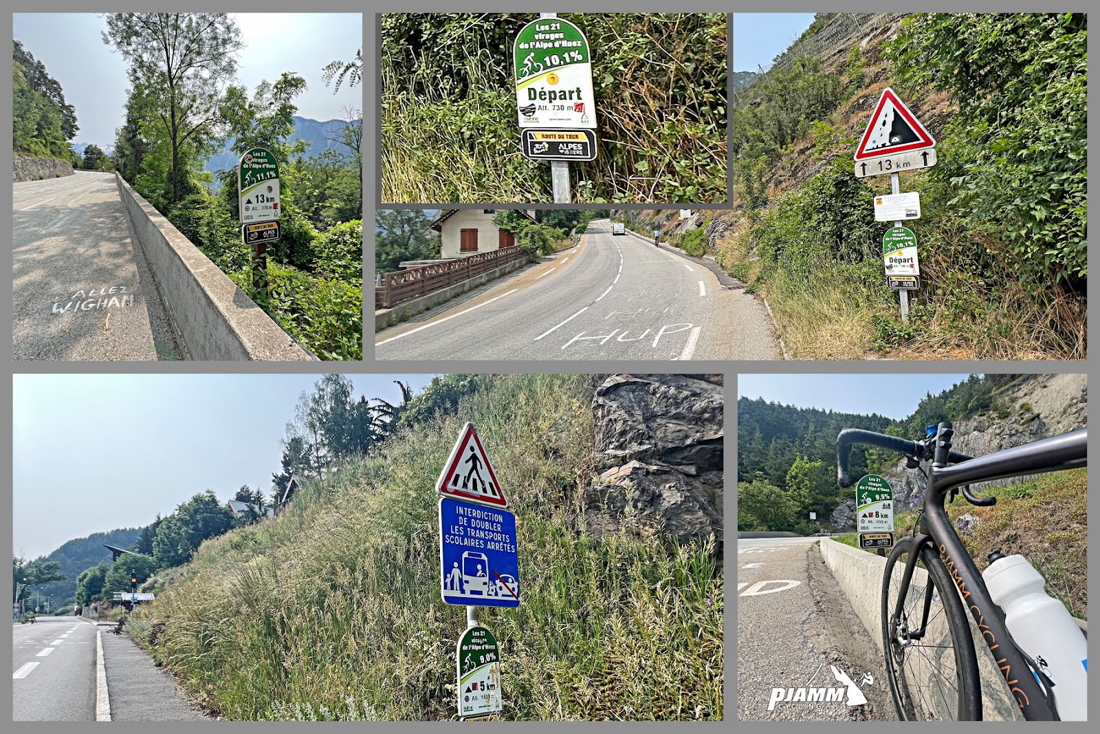 photo collage shows kilometer signs, along with other roadsigns, along the Alpe d'Huez climb