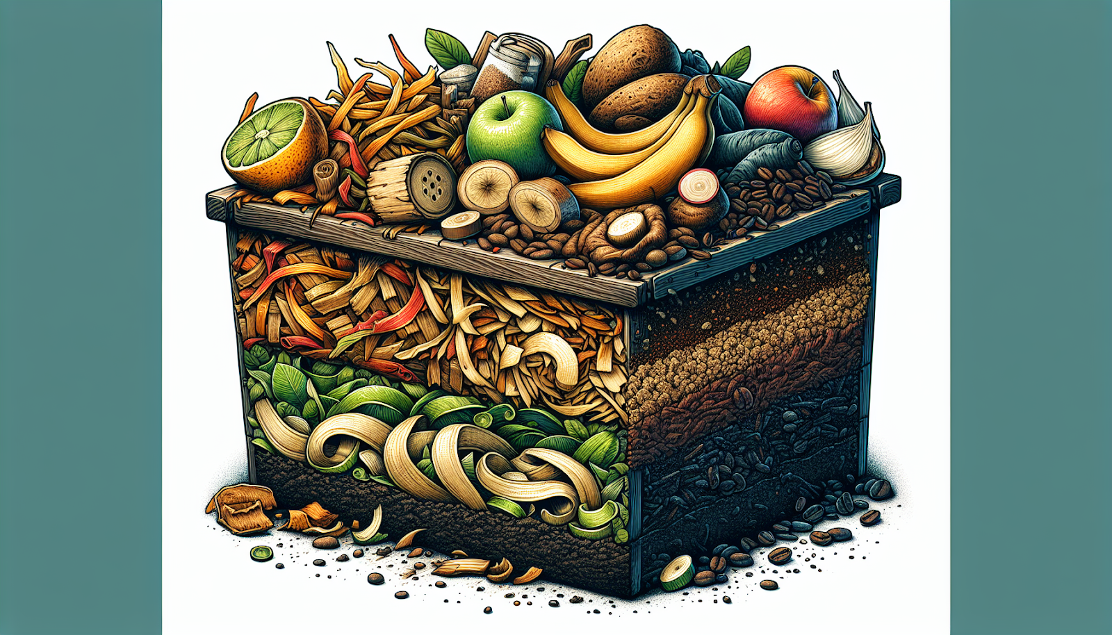 Illustration of a compost bin with organic waste turning into nutrient-rich soil