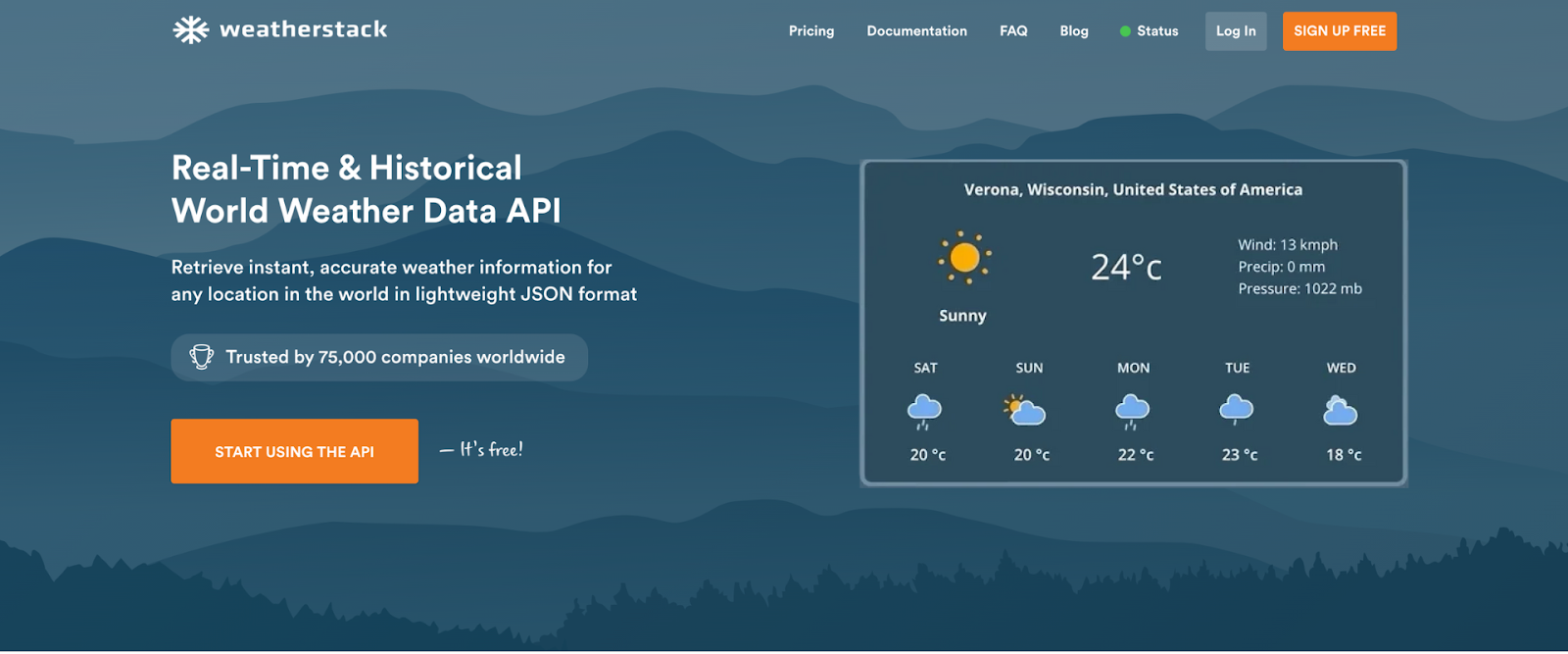 homepage of weatherstack current weather data API