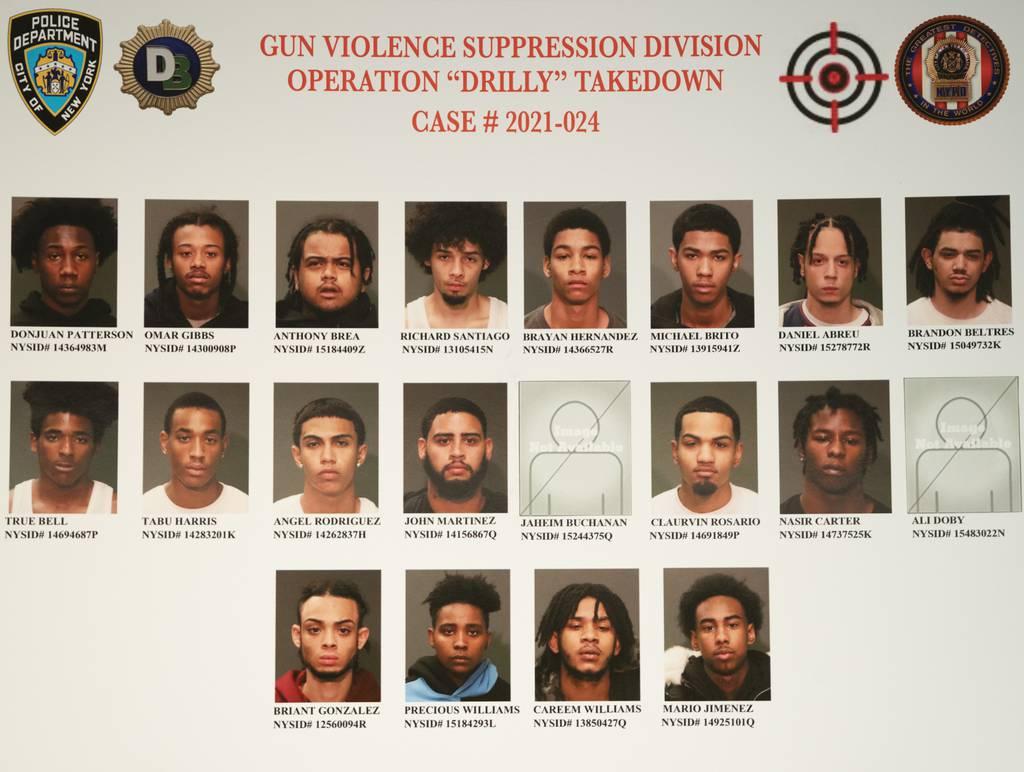 Alleged members of the G-Side/Drilly gang members are pictured during a press conference  Thursday, April 6, 2022 in the Bronx, New York.