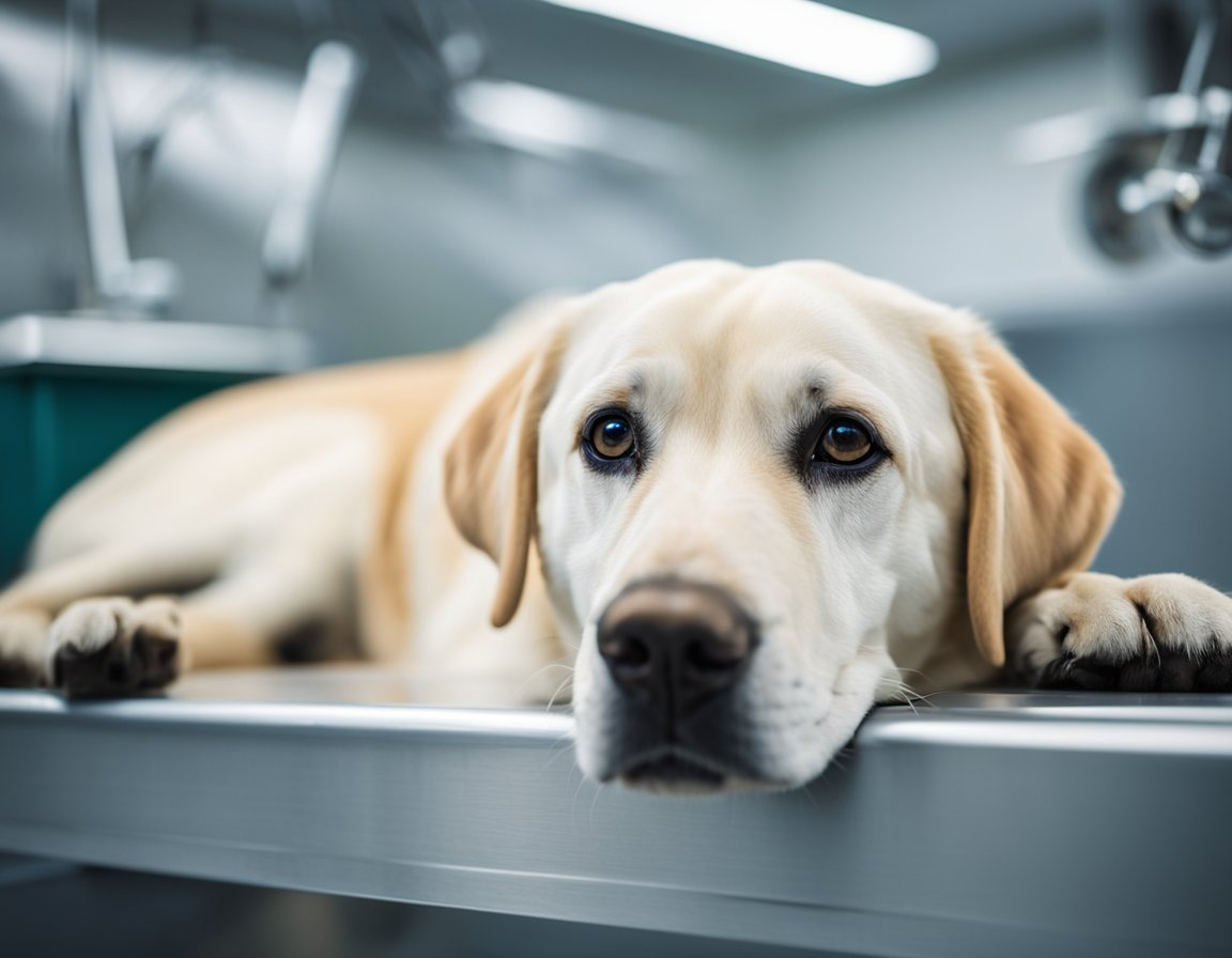 a labrador retriever looking sad while lying down at vet's clinic