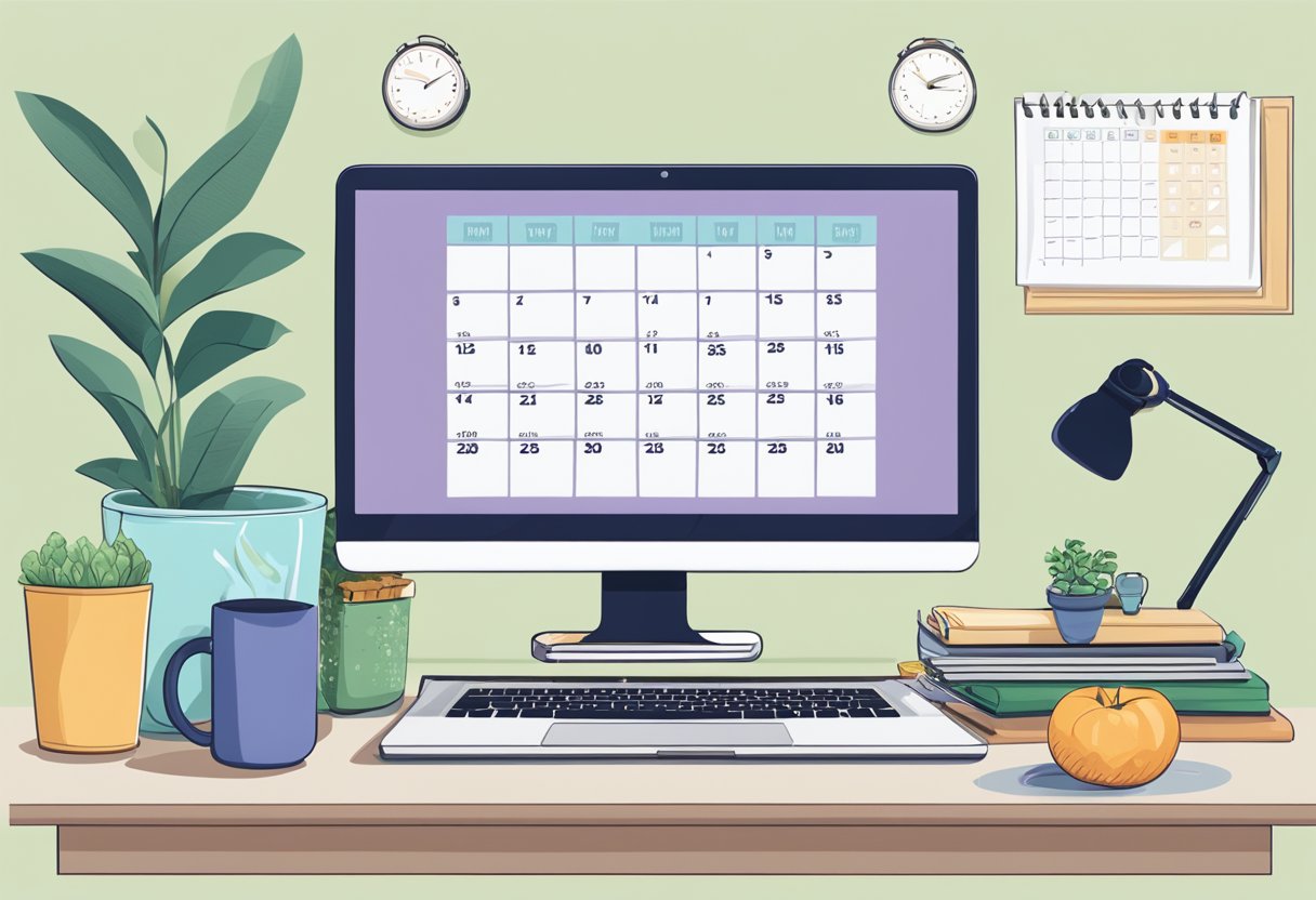 A desk with a laptop, water bottle, healthy snacks, and a potted plant. A calendar with wellness events, and a poster promoting exercise and mental health
