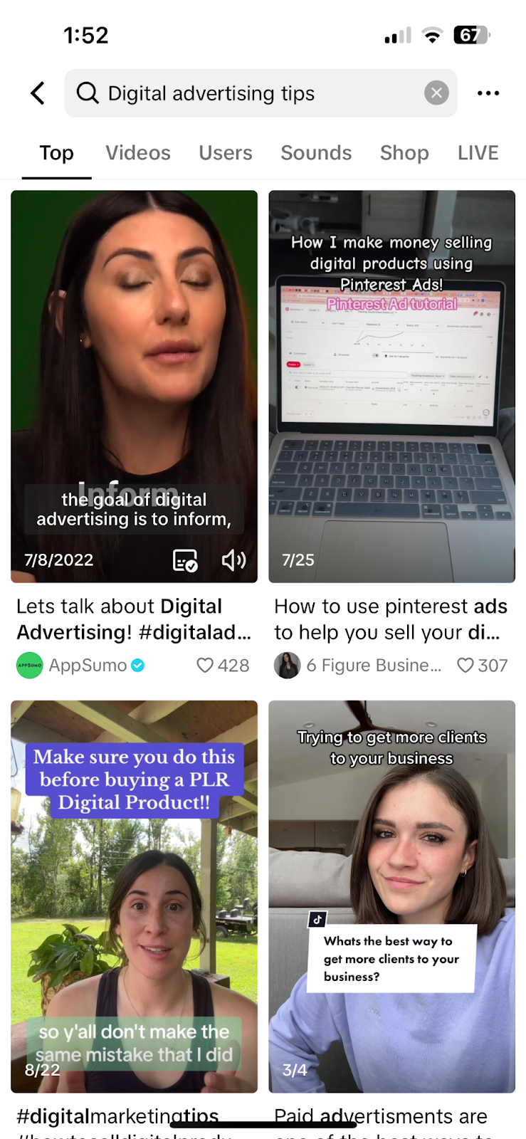 The search screen for 'digital advertising tips' on TikTok.