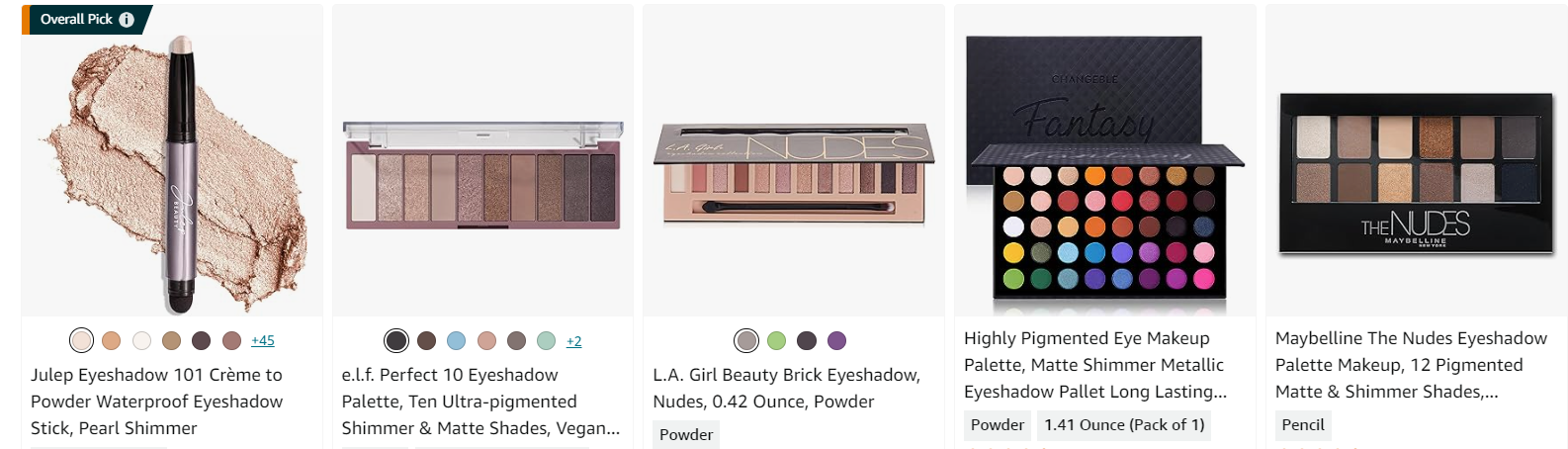 Julep eyeshadow, ELF eyeshadow, and three other eyeshadow brands.