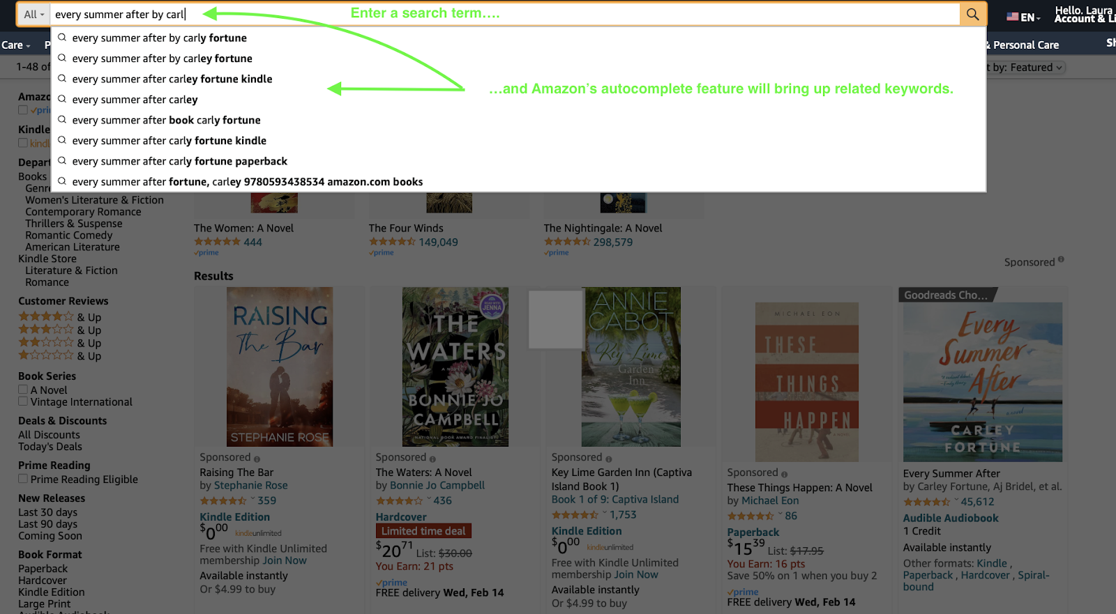 Screenshot of URLs on the Amazon search for "Every summer after by carl".
