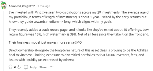 A Vint investor on Reddit expressing a preference for Vint and their business model. 