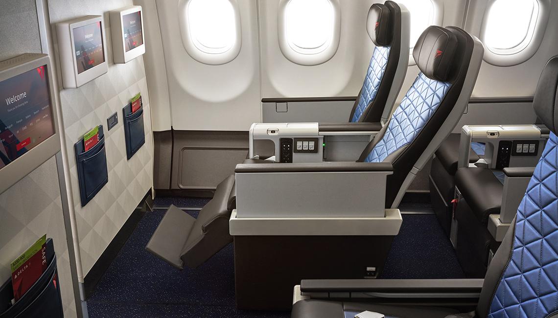 Inside cabin view of Delta Airlines aeroplane is shown in the picture while comparing it against Air France