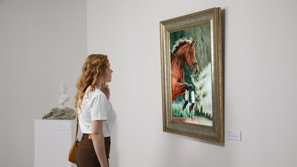 Woman glancing at a horse portrait by PortraitFlip which is hung at a eye level