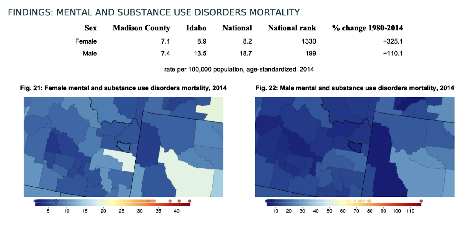 A chart and maps depicting the findings of Mental and Substance use disorders mortality. See the appendix for a more in-depth description.
