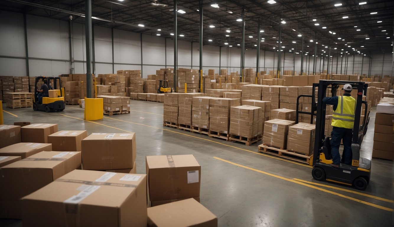 A warehouse filled with stacked amazon return pallets, workers inspecting and sorting items, a forklift moving pallets, and a computer screen displaying inventory