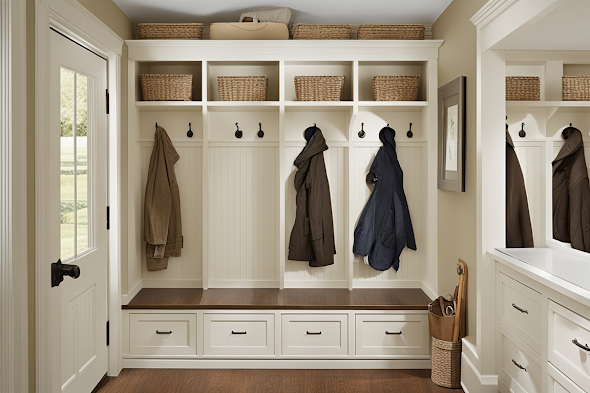 A cozy, well-organized mudroom addition to an old home