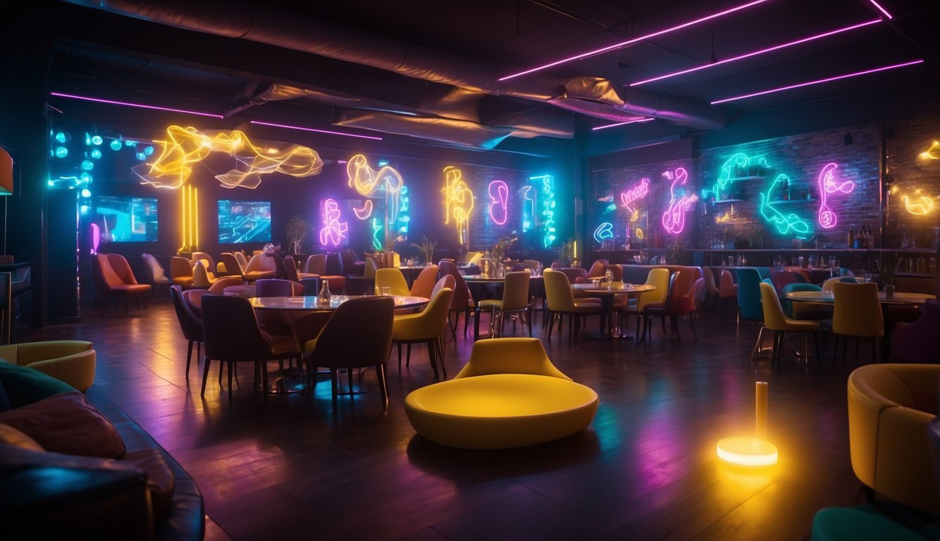 Vibrant neon lights illuminate a lively party scene, casting a colorful glow over the room and creating an electric atmosphere