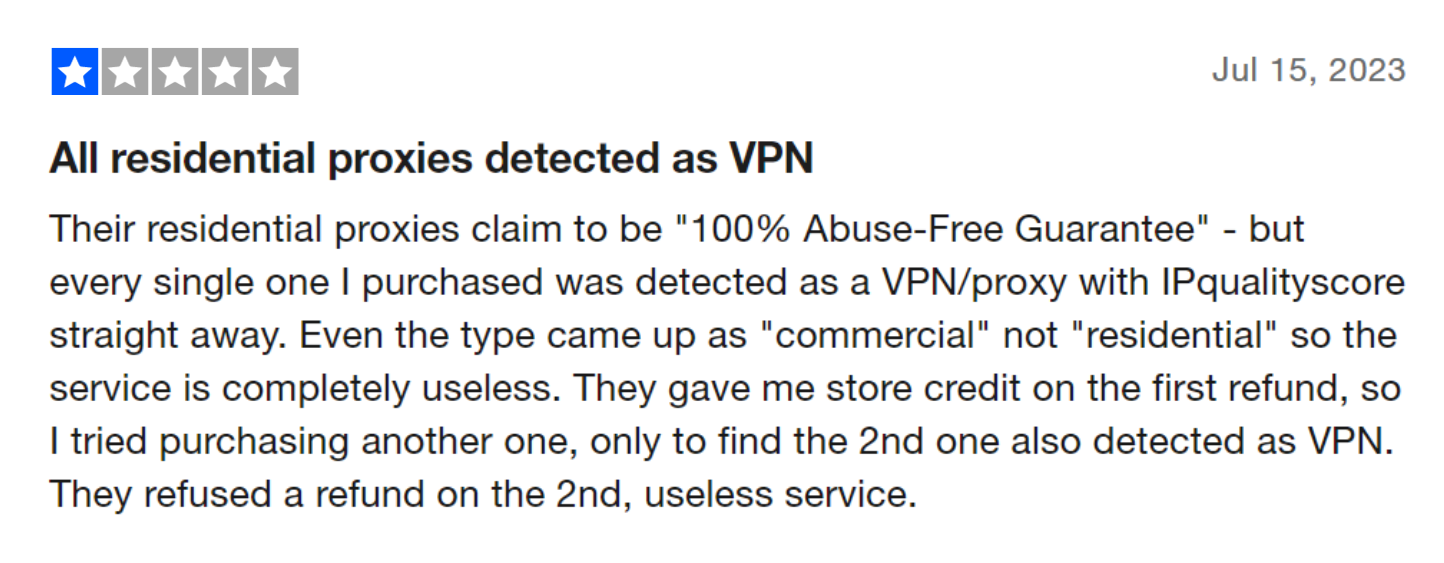 IPBurger negative review regarding fake abuse free guarantee and VPN issues.