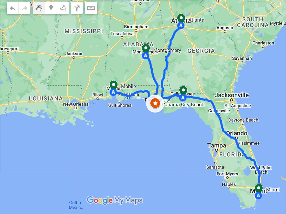 Google Map getting to Panama City Beach, FL