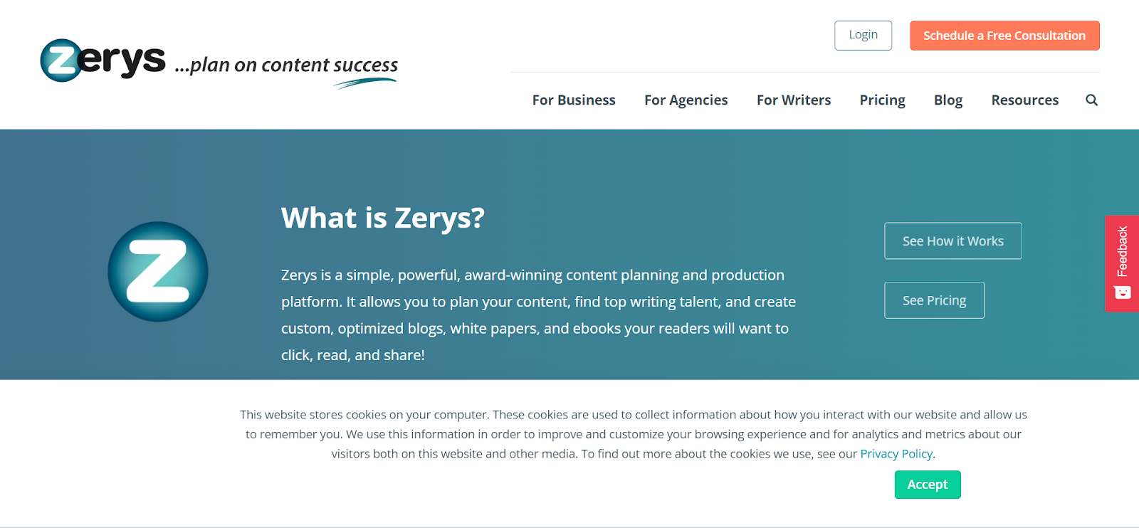 home page of zerys agency
