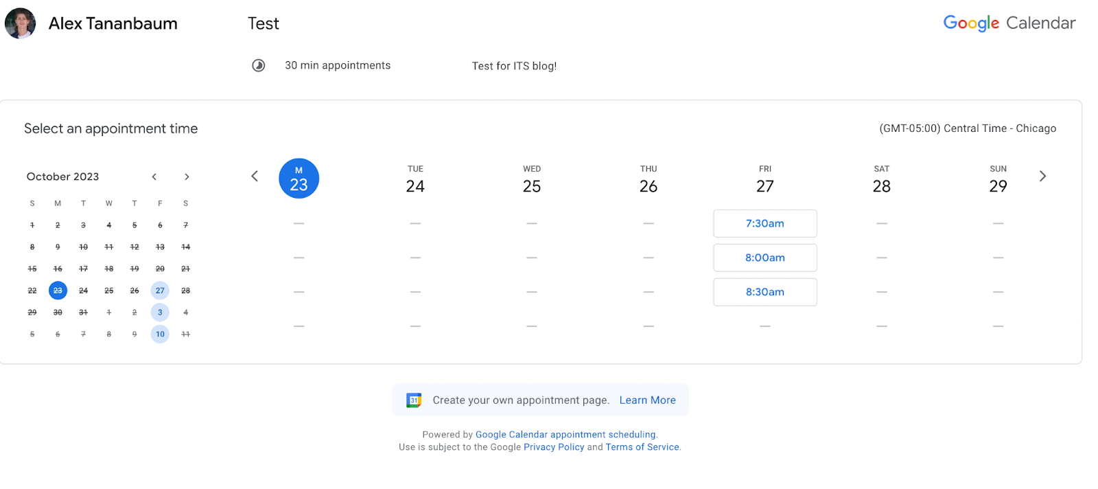 A screenshot of Alex's Google Calendar on Week View. It shows the dates Monday, October 23rd-Sunday, October 29th. There are 3 appointment sloths available on Friday the 27th.