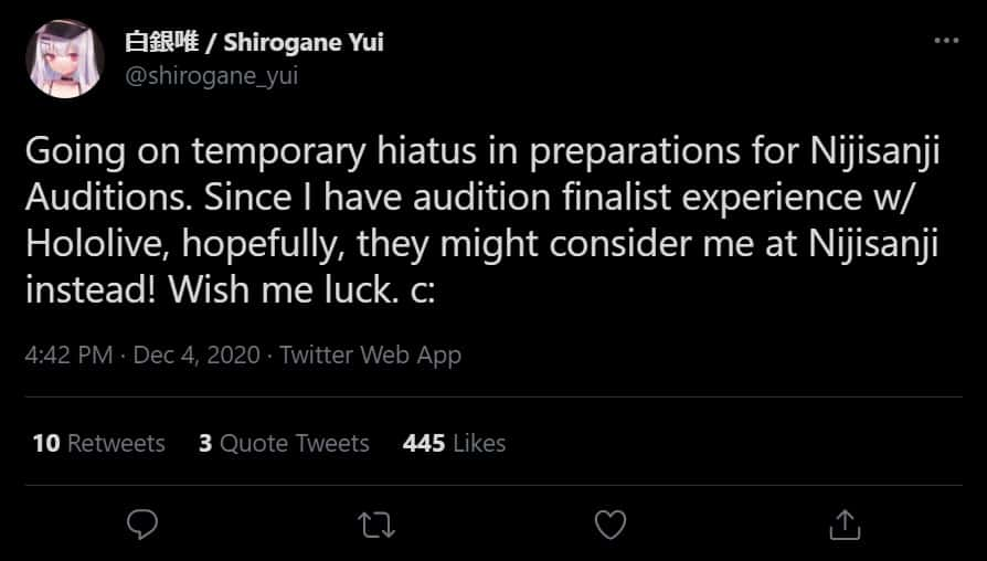 Yui Shirogane announces her "temporary" hiatus