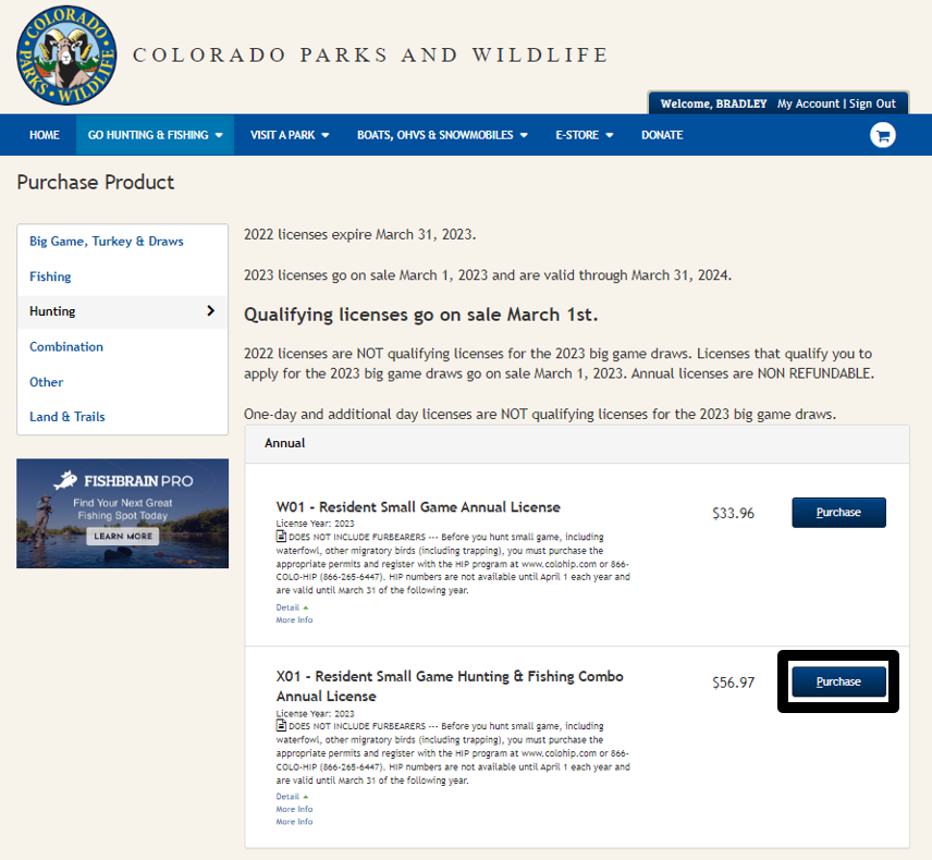 Highlighting the blue "Purchase" button for a "X01 - Resident Small Game Hunting and Fishing Combo Annual License". 