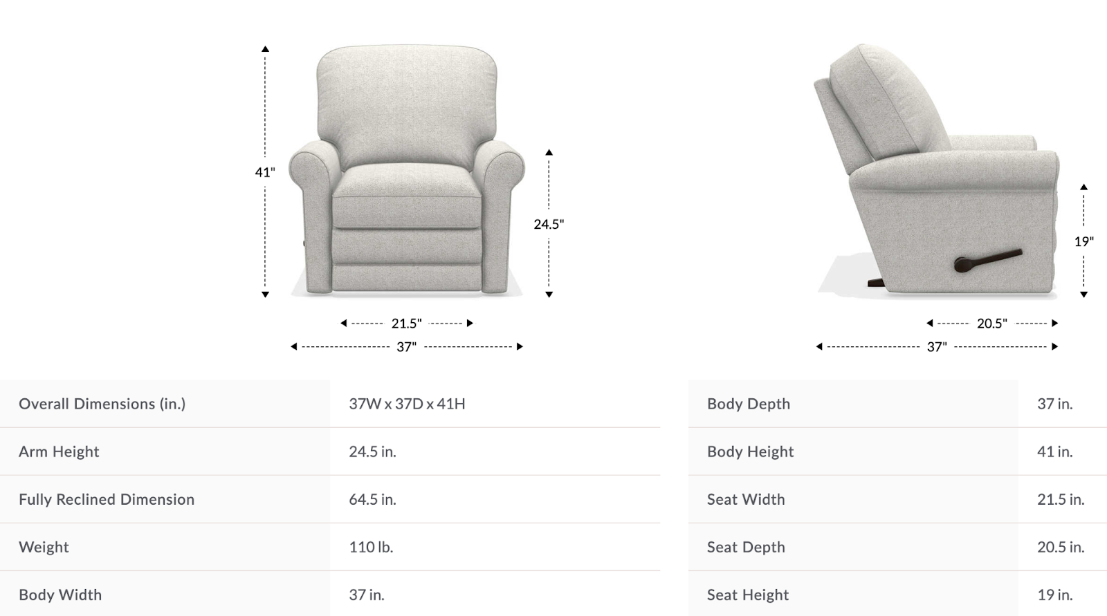 addison gliding recliner dimensions