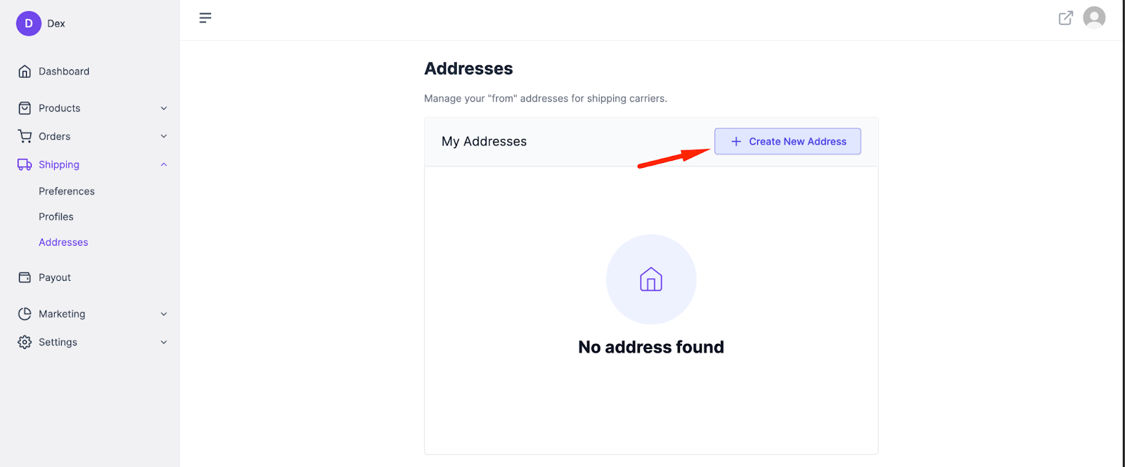 A screenshot to add new address button