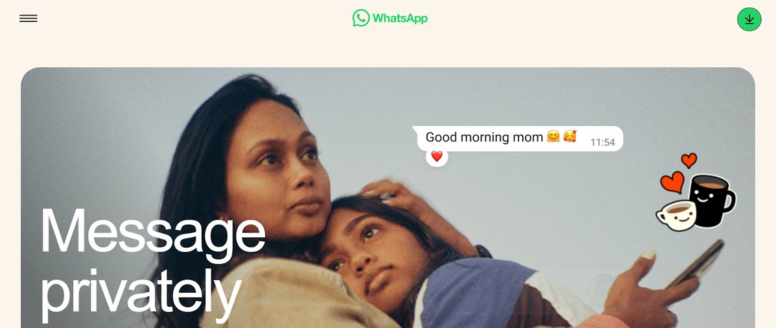 Whatsapp website snapshot highlighting the services it offers.