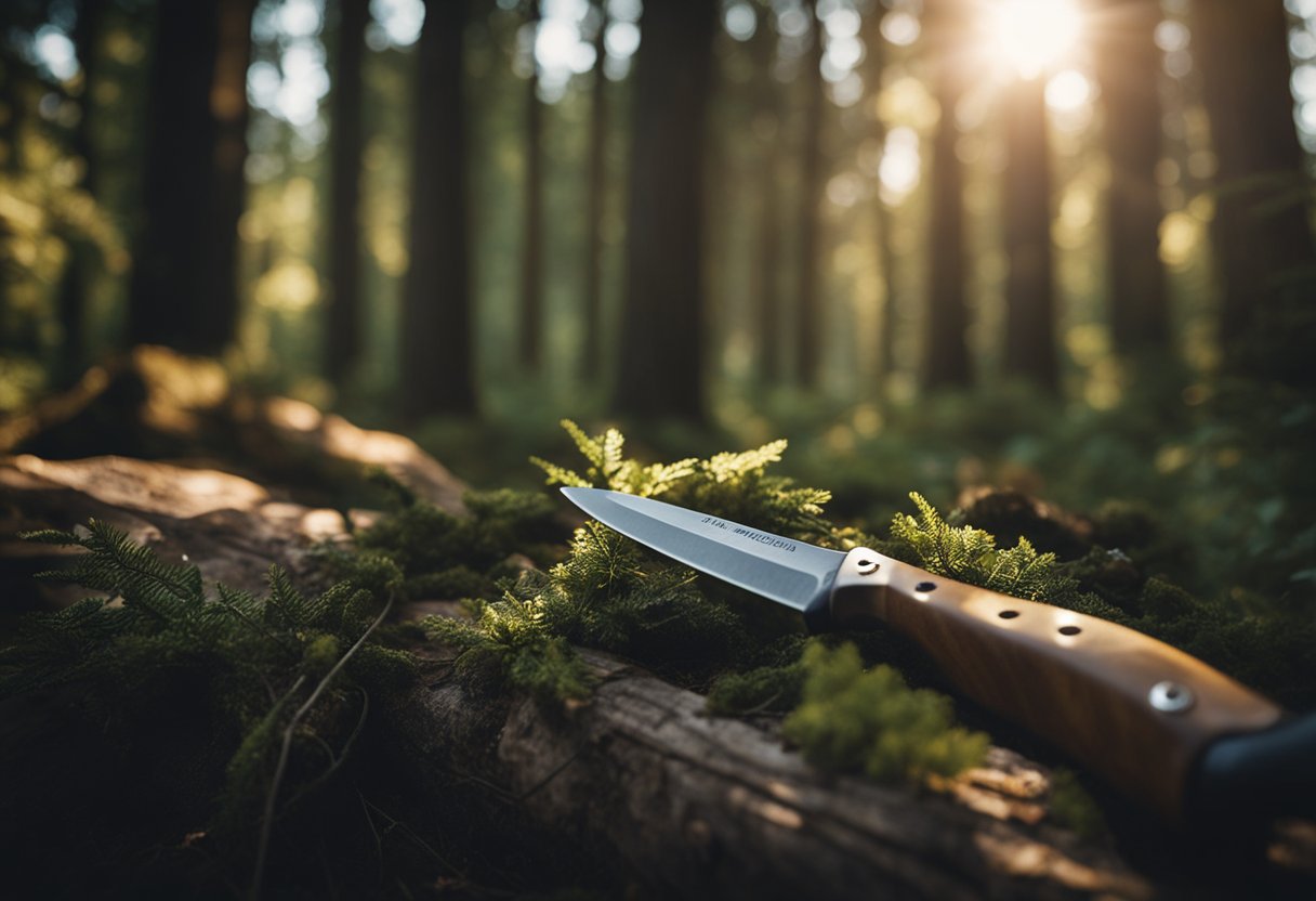 A hand grips a bushcraft knife, sharpening it on a whetstone in the dappled light of a forest clearing. The blade gleams as it is carefully honed to a razor-sharp edge