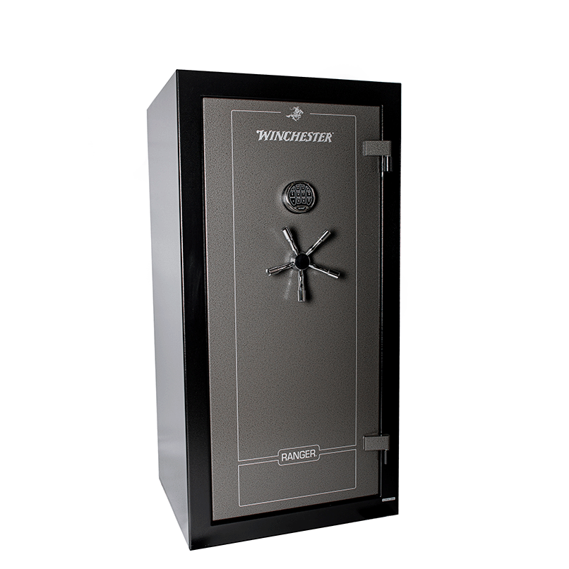 A black and grey safe with a combination lock

Description automatically generated