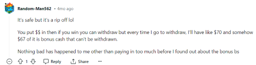 A Reddit user says Bubble Cash is safe but feels it's a ripoff because they can't withdraw bonus cash. 
