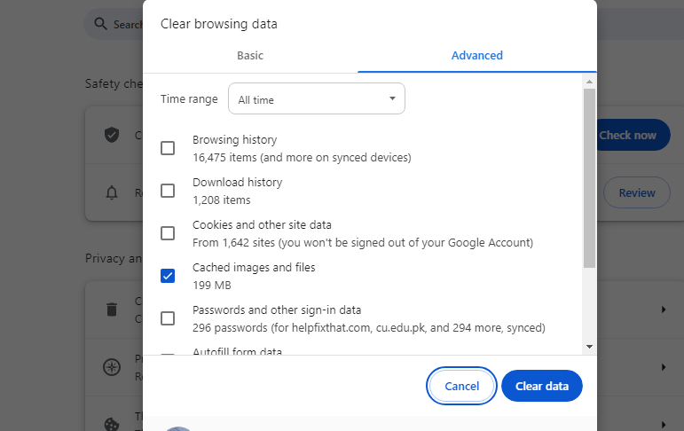 Clearing browser cache