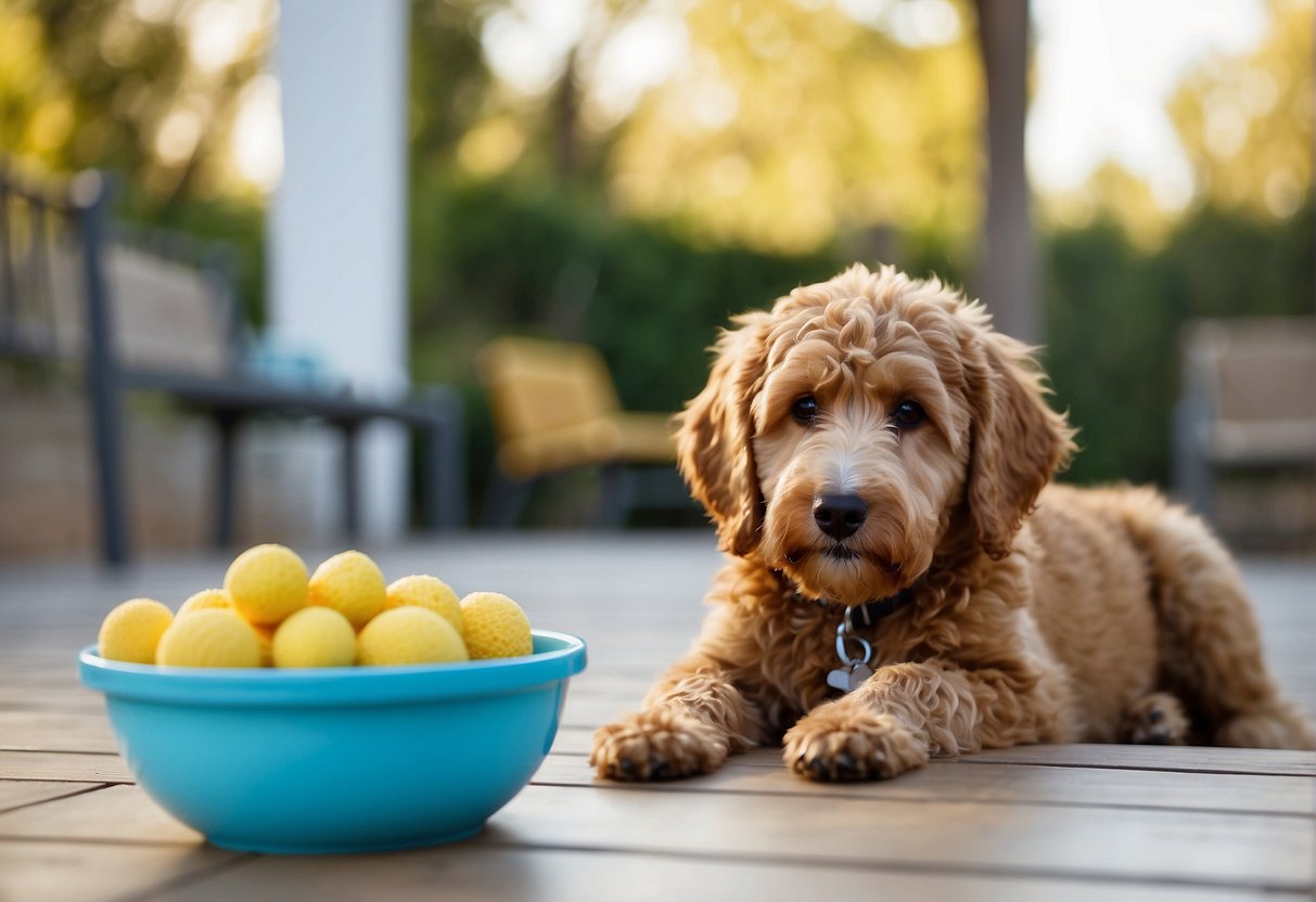 A Goldendoodle sits by a full food bowl, turning away with a disinterested expression. The surrounding environment is bright and clean, with a few scattered toys nearby