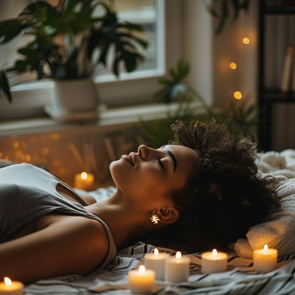 Black woman lying down after a ayurvedic scalp massage surrounded by candles and dim light.