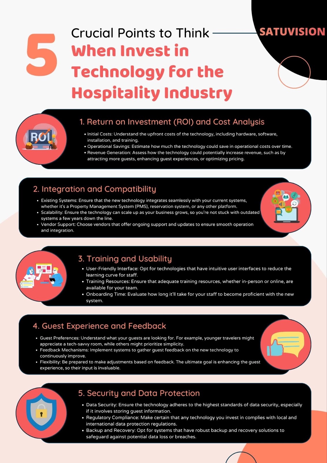 An infographic with a combination of orange, black, and white containing 5 Crucial Think Before Invest in Technology for the Hospitality Industry.